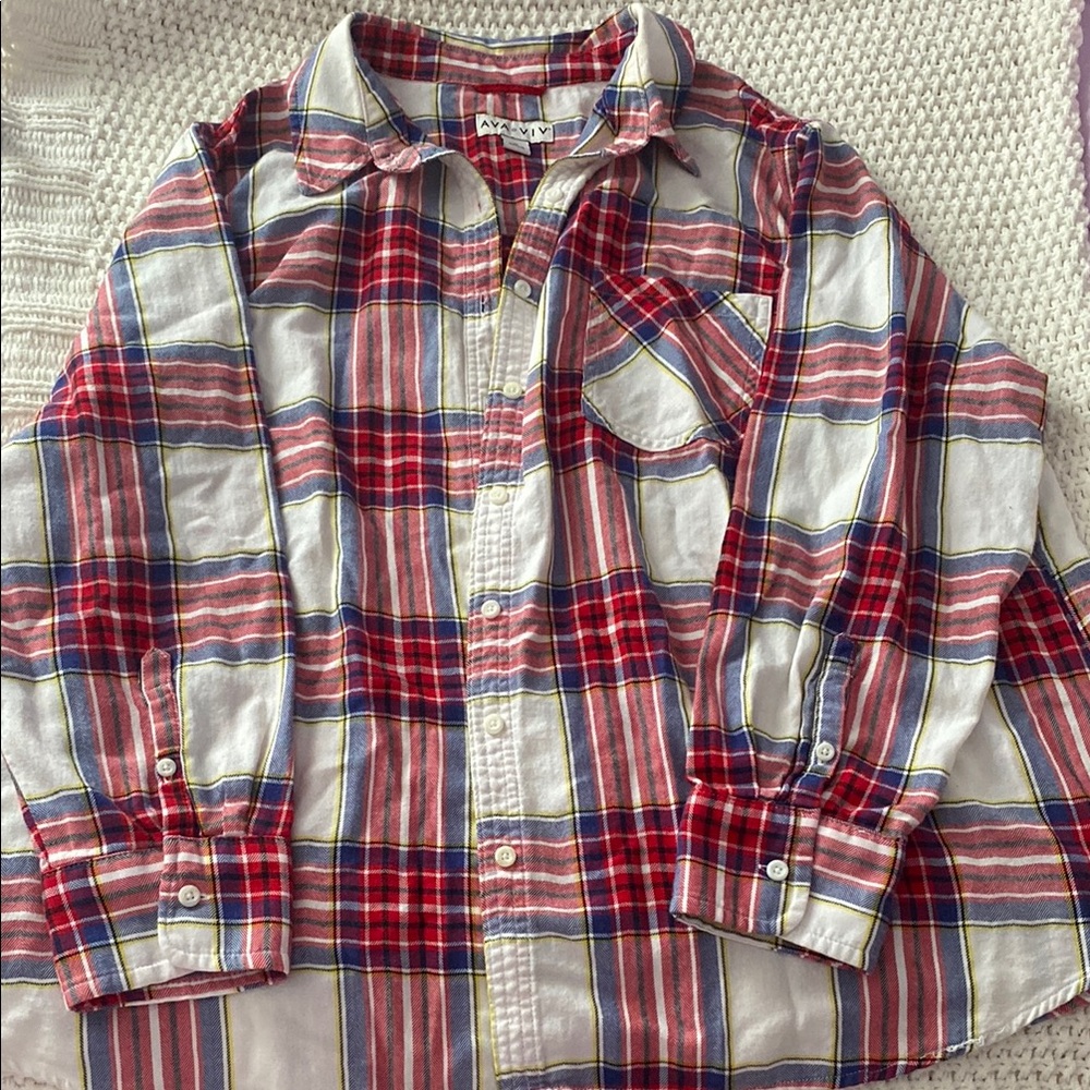 Ava & Viv Red and White Plaid Button-Down Long Sleeve Flannel Shirt.